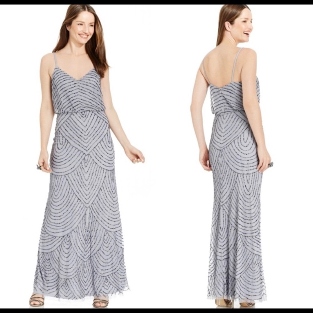 Adrianna Papell Art Deco Blouson Beaded Gown Dress